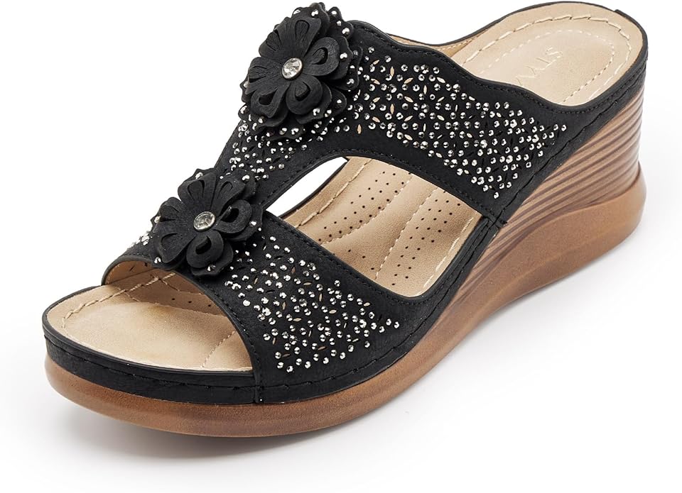 STYVELLA rhinestone double strap wedge sandal