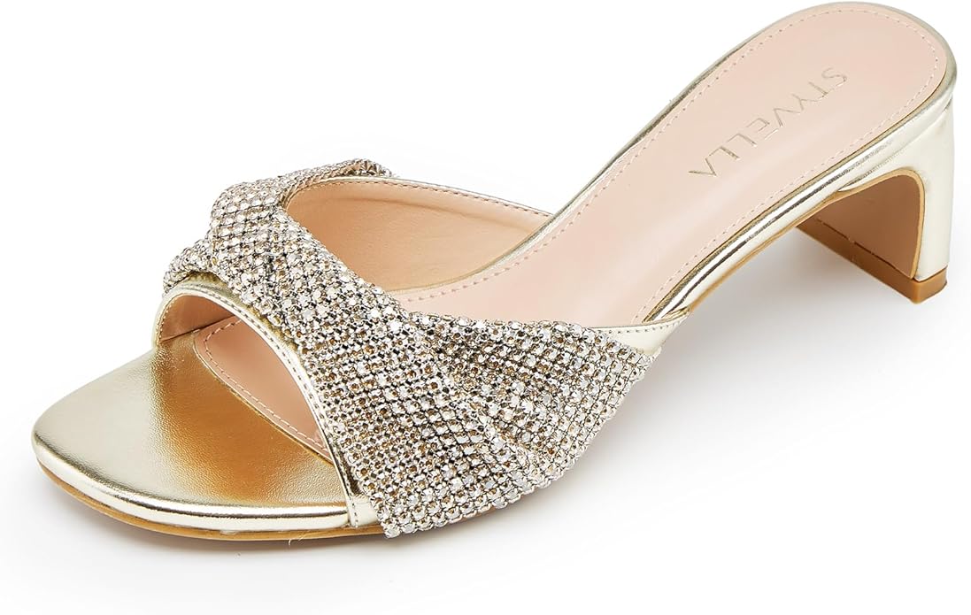 Gold Rhinestone Knotted Block Heel Sandal